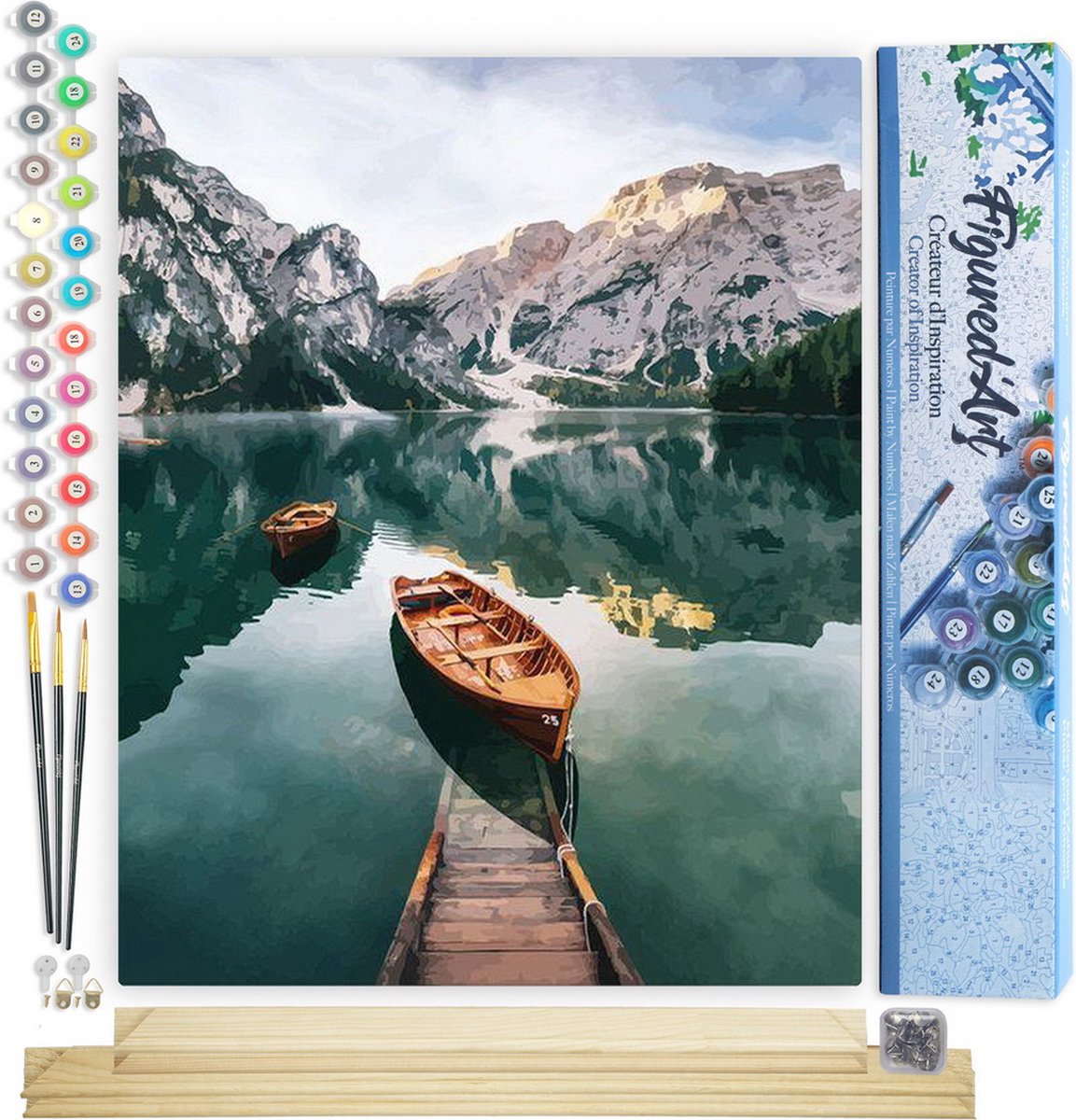 FiguredArt Schilderen op Nummer Volwassenen canvas Kleine boot en bergmeer - Handwerk acrylverf Kit DIY Compleet - 40x50cm met DIY houten lijst